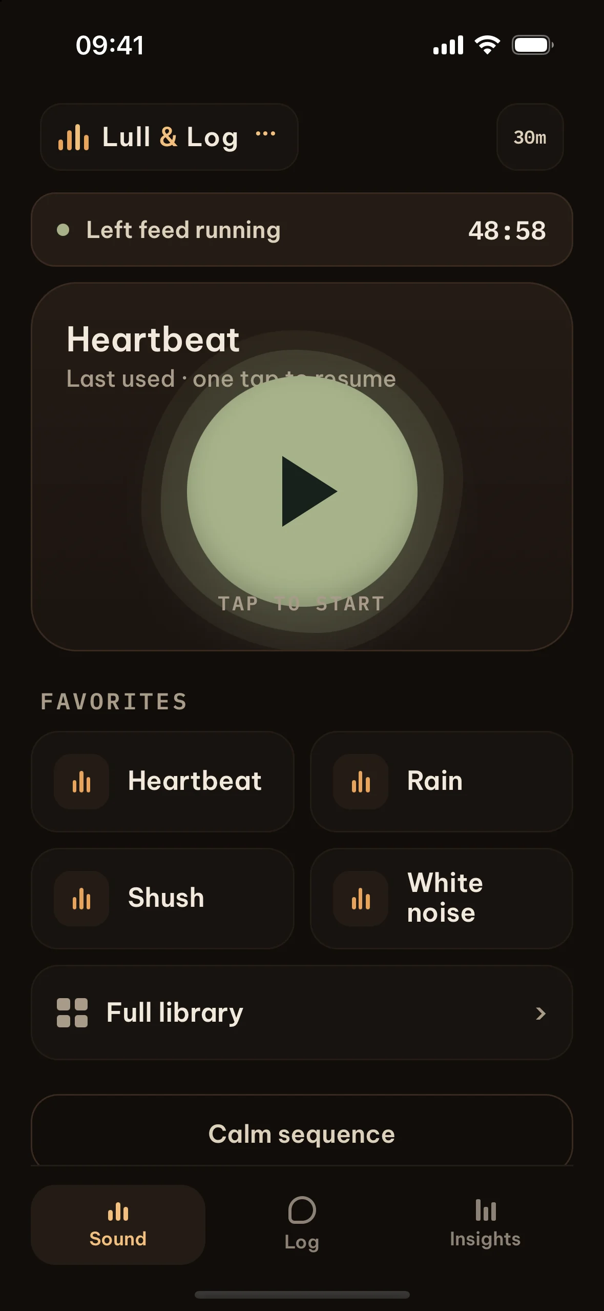 The Sound tab: Heartbeat ready to start with one tap, a left-side feed running, and four favourite sounds.